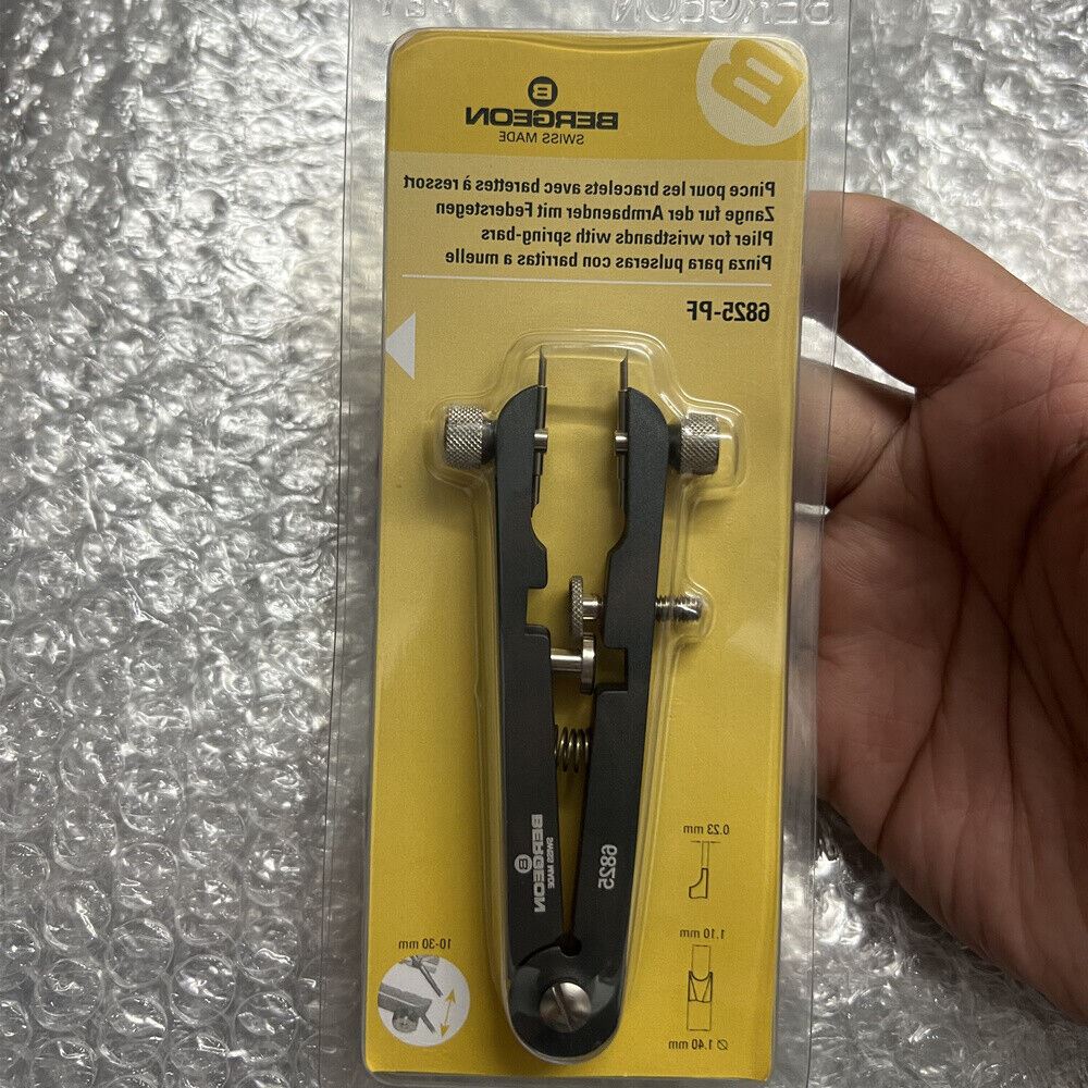 Swiss Black Bergeon 6825-PF spring bar pliers for precise watch strap removal and adjustment.