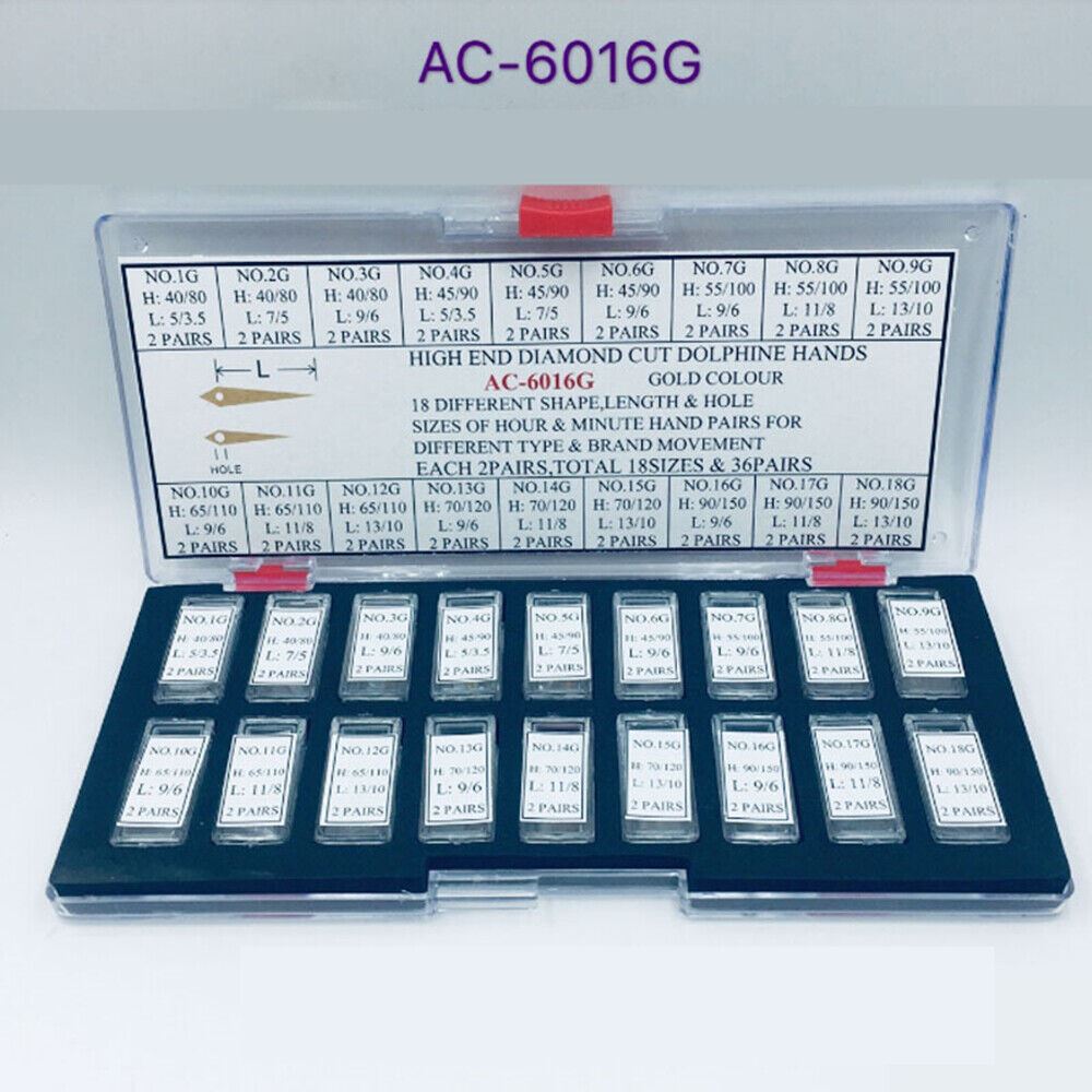 Gold-plated diamond-cut dolphin watch hands set, 36 pairs, precise timepiece crafting.