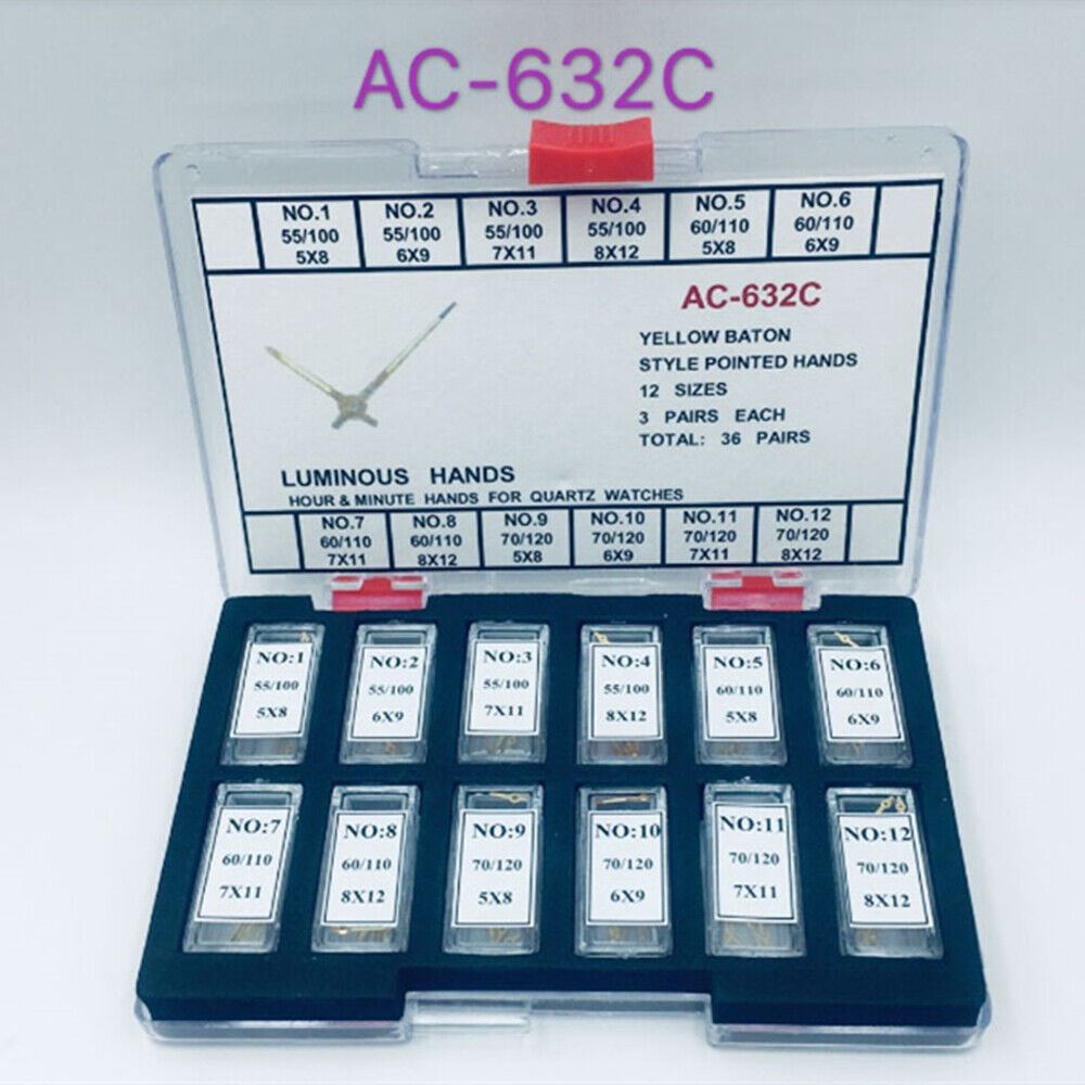 Set of 36 luminous hour and minute watch hands for quartz watches, ideal for professional watchmakers.