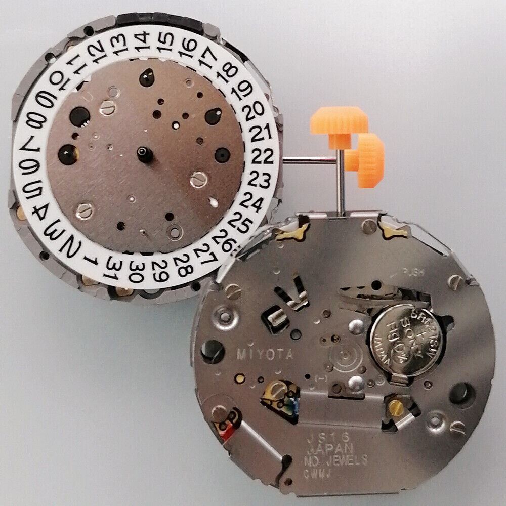 Miyota JS16 Japan quartz watch movement with small seconds at 6, 9, 12 and date display at 3.