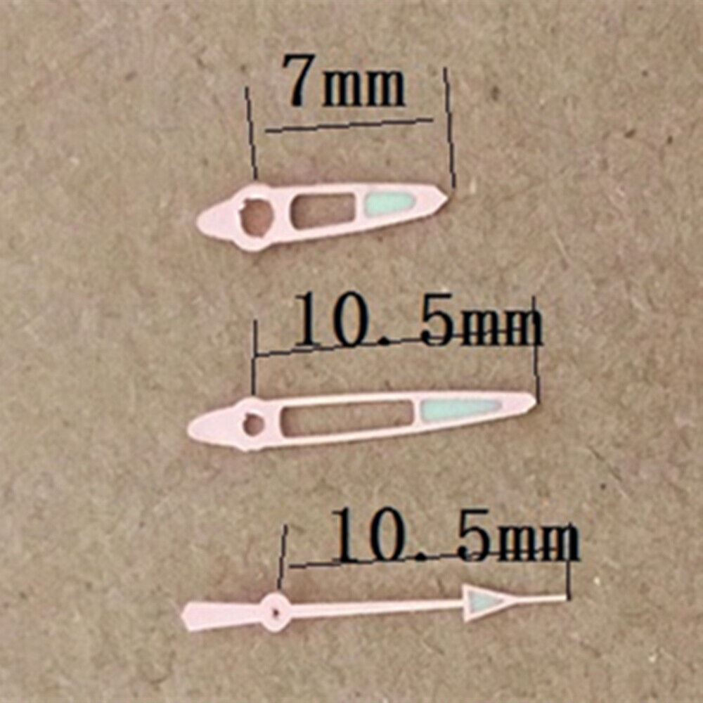 Green lume hollow tip watch hands with rose gold trim, compatible with Miyota 1L12 movement.