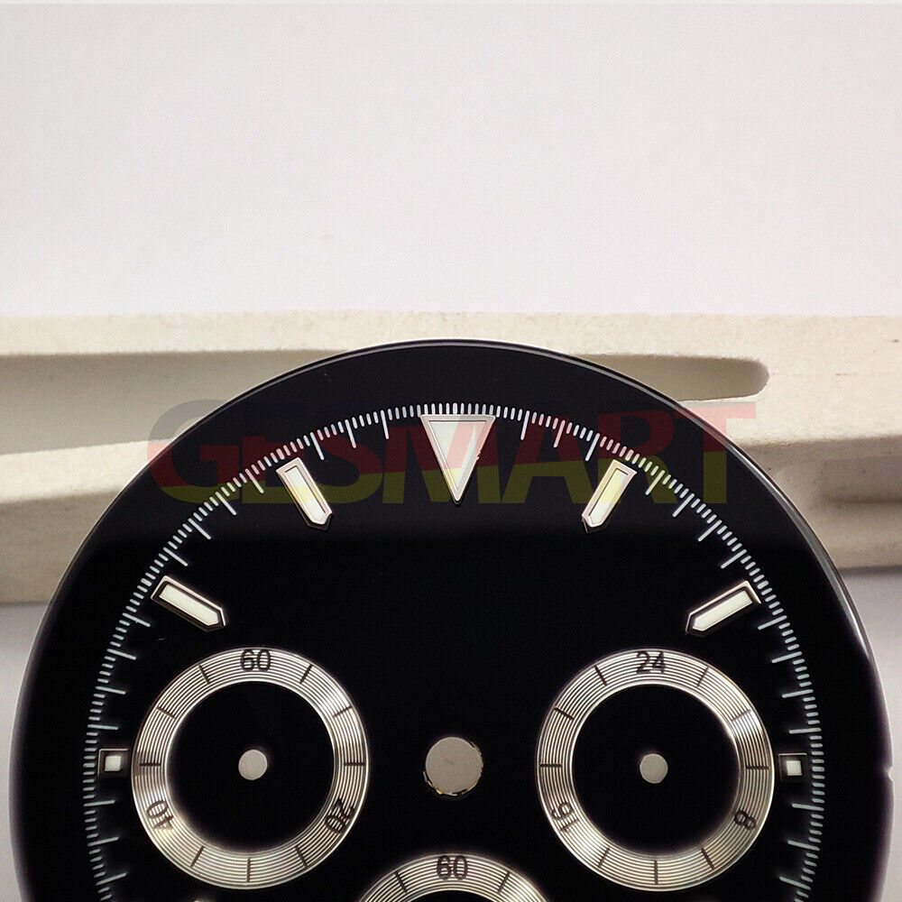 Green luminous matted black watch dial for VK63 quartz movement, perfect for precise timekeeping.