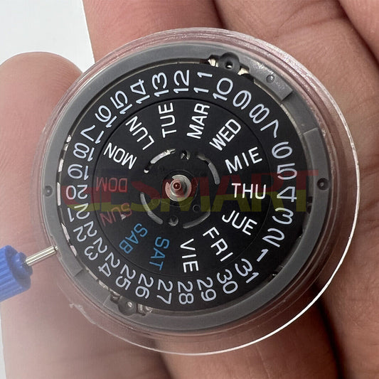 Japan NH36A watch movement showing black dial with English weekday display, crown positioned at 3 o'clock, ideal for watch accessories.