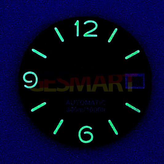 Green luminous watch dial with white numbers, compatible with NH35 NH36 movements, for precise timekeeping.