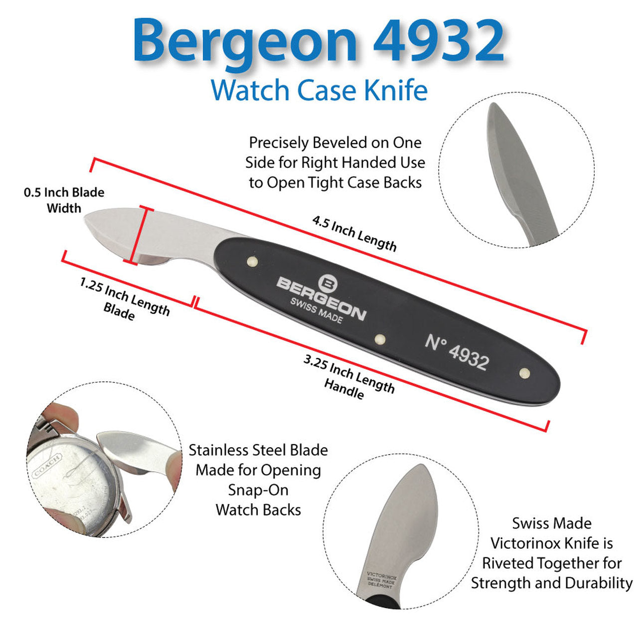 Bergeon 4932 watch case knife with stainless steel blade for precise bezel and caseback opening in watch repairs.