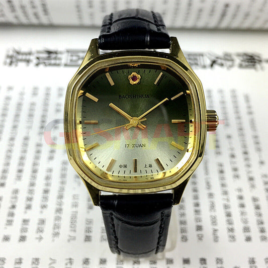 Shanghai brand 33mm manual mechanical watch with golden nail markers and gradient green dial, 17 jewels.