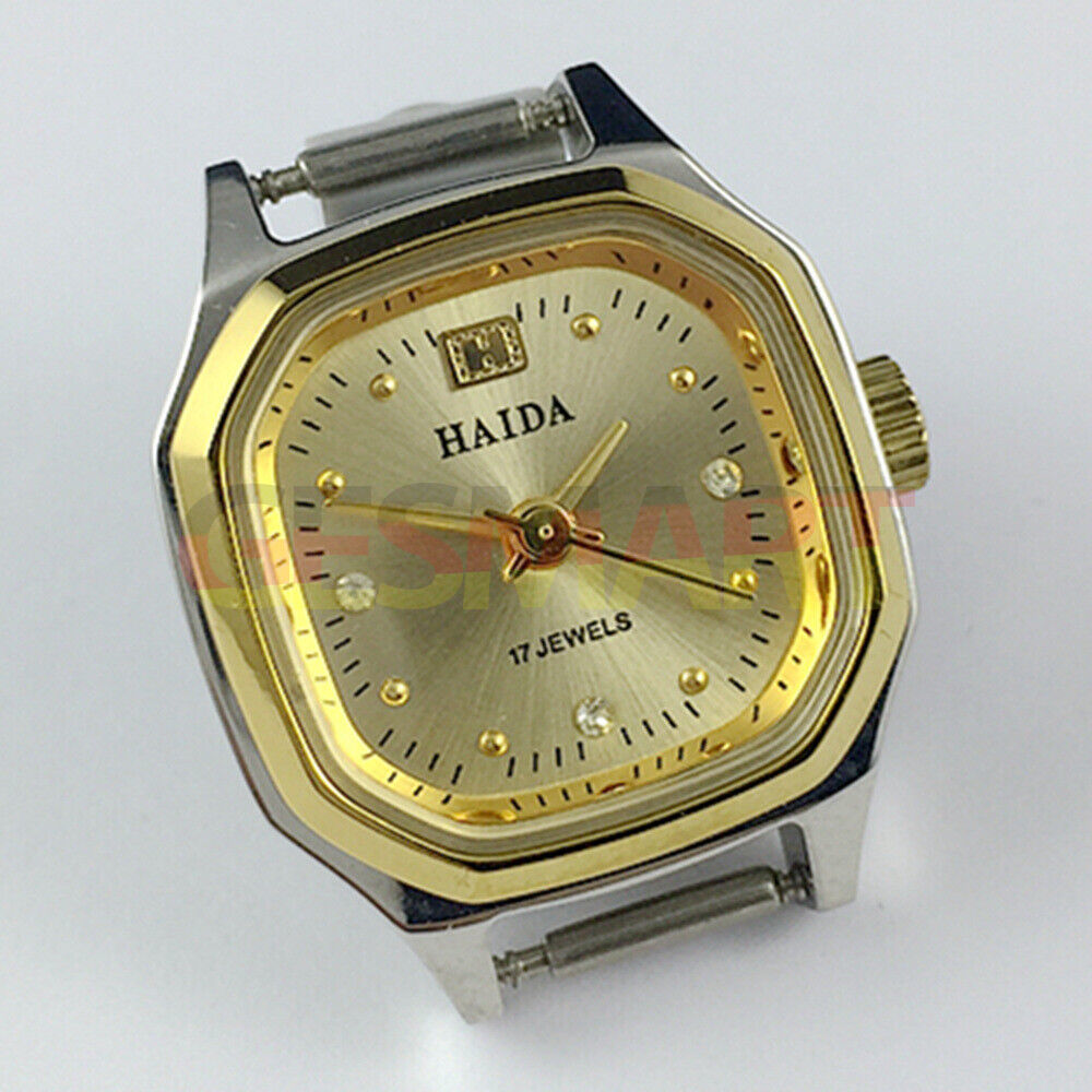 HAIDA mechanical lady watch with golden nail accents, 17 jewels, octagonal case, elegant design.
