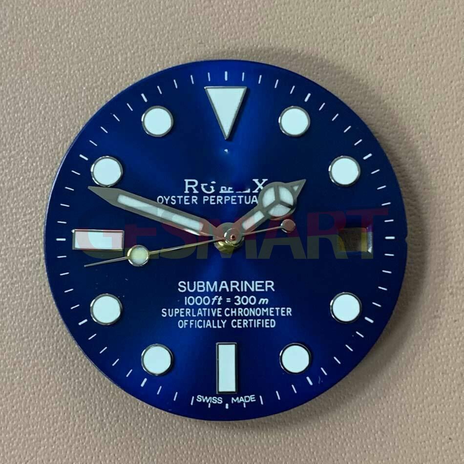 Blue-green luminous RLX style watch dial with hands for 8215/2813/8200 movement replacements.