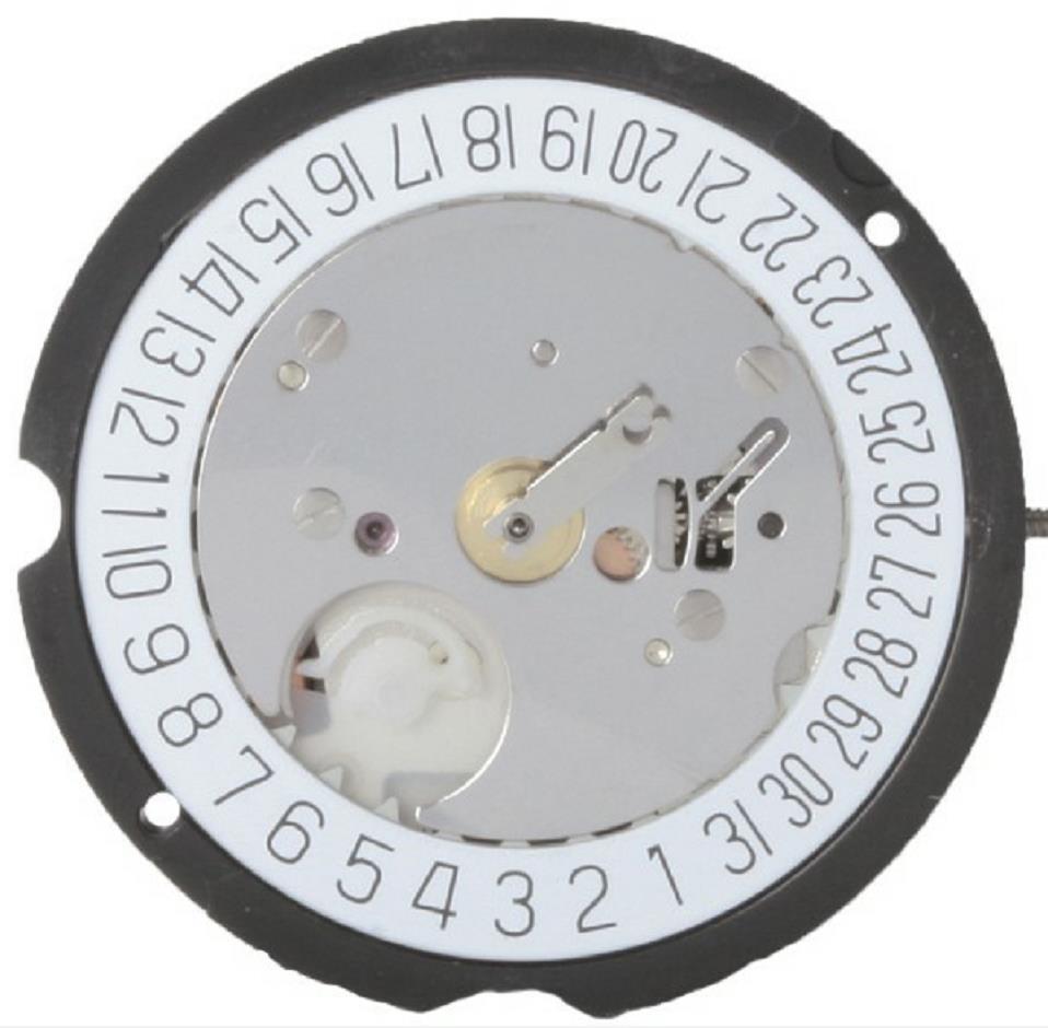 Ronda 505 quartz watch movement showing date window at 3 and 6 o?clock with precision mechanism