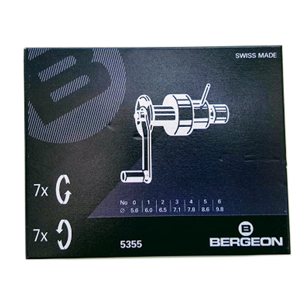 Bergeon 5355 watch mainspring winder set for precise spring replacement and repair tools.