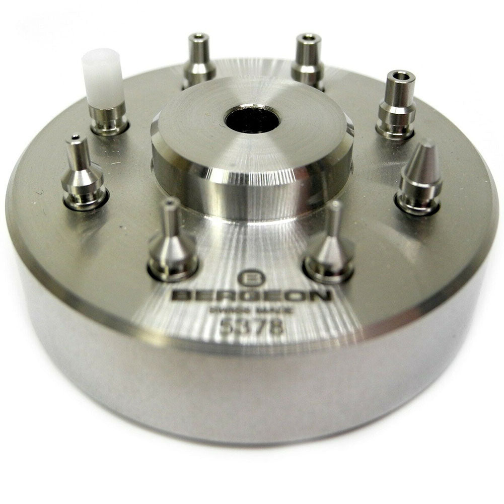Bergeon 5378 Swiss watch hand fitting tool with 9 stakes for precise watch accessory adjustments.