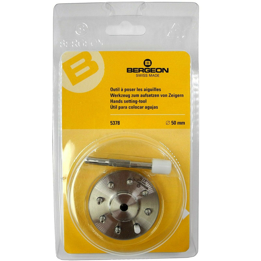 Bergeon 5378 Swiss tool with 9 stakes for precise watch hand fitting and accessory adjustments.