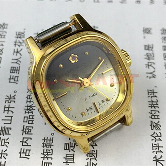 Elegant 23mm Shanghai Lady Watch with golden nail square case, manual mechanical movement, 17 jewels.