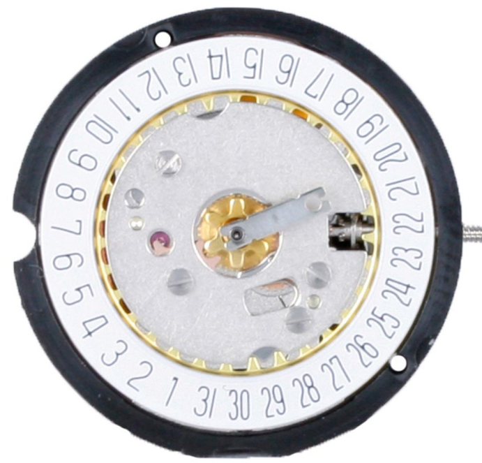 Ronda 585 quartz watch movement with date display at 3 o?clock, precision timekeeping component.