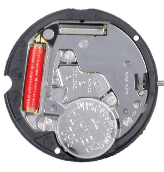 Ronda 585 quartz watch movement with date display at 3 o?clock, precision timekeeping component.