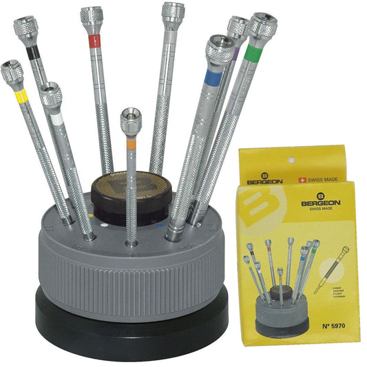Bergeon 5970 precision watchmakers screwdriver set with stand for detailed watch repairs