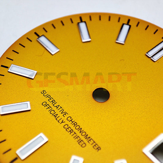 Green luminous metal watch dial with polished orange accents for NH35 movement, ideal for custom watch builds.