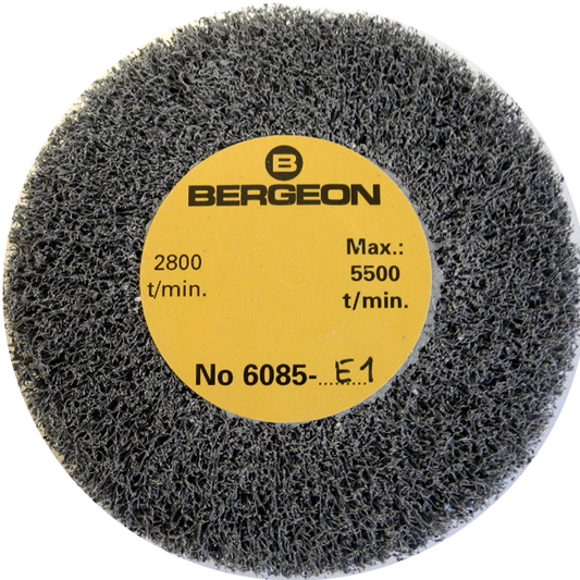 Bergeon 6085-E1 medium abrasive satin finishing wheel for precise watch metal polishing.