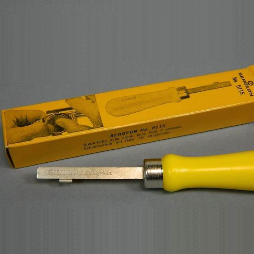 Bergeon 6115 watchmaker case opener with lever back for precise removal of watch backs in repair tasks.