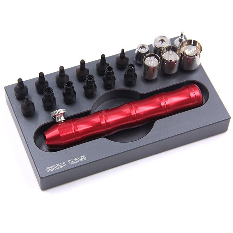 RLX watch crown tube tool for precise pusher removal and battery case installation in watch repairs.