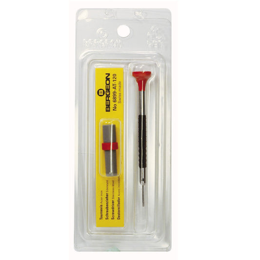 Bergeon 6899-AT-120 ergonomic 1.20mm screwdrivers with spare blades for precise watch repairs.