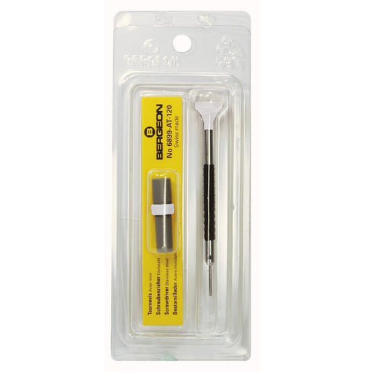 Bergeon 6899-AT-140 ergonomic 1.40mm screwdrivers for precise watch accessory repairs with spare blades.