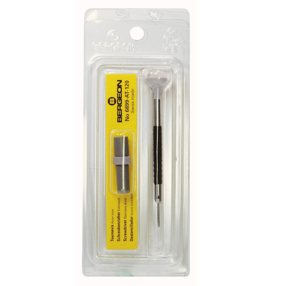 Bergeon 6899-AT ergonomic screwdriver with spare blades for precise watch accessory repairs.