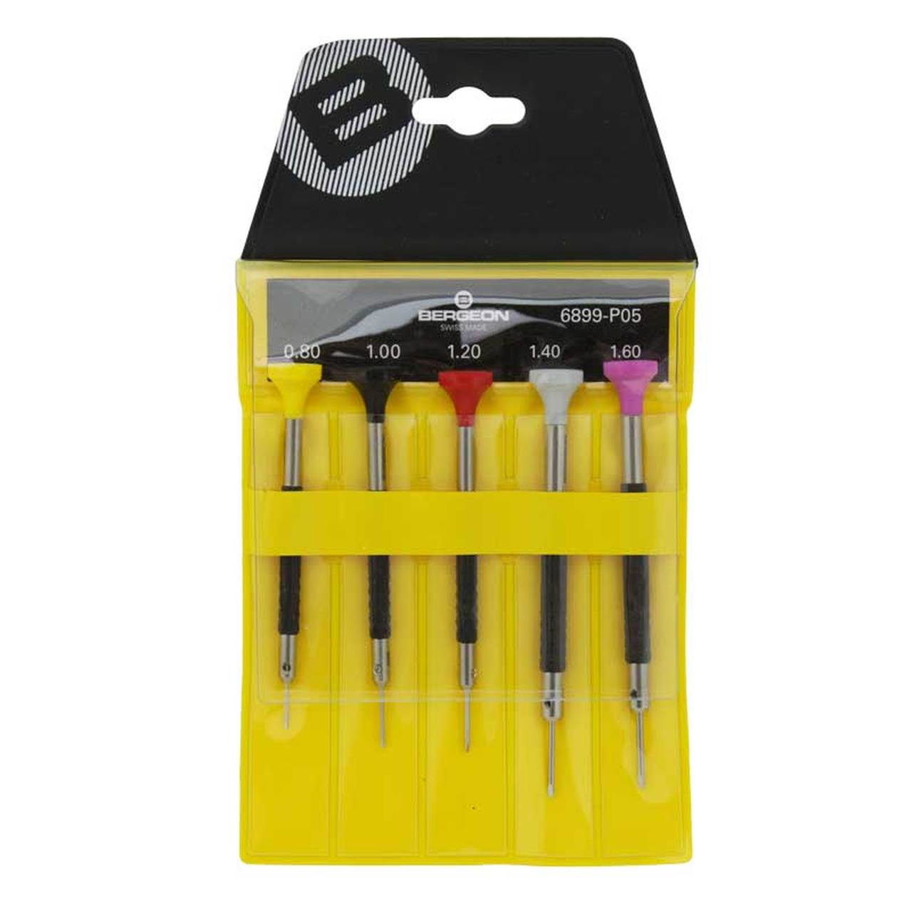 Bergeon 6899-P05 ergonomic screwdrivers set for precise watch repair with durable tips and comfortable grip