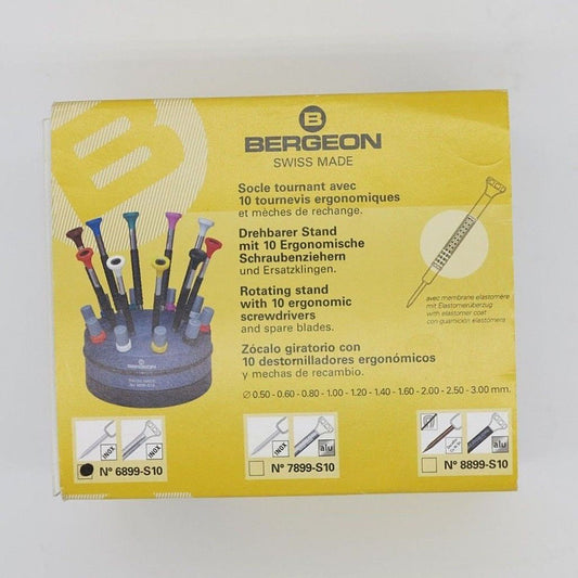 Bergeon 6899-S10 stainless steel screwdrivers set with elastomer handles for precise watch repair tasks