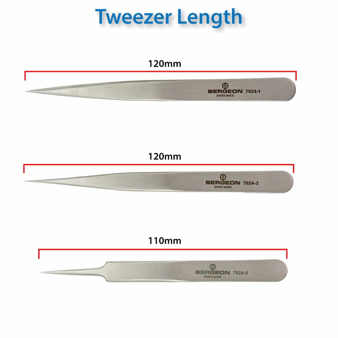 Bergeon 7024 set of 3 precision non-magnetic tweezers for delicate watch accessory handling and repair.