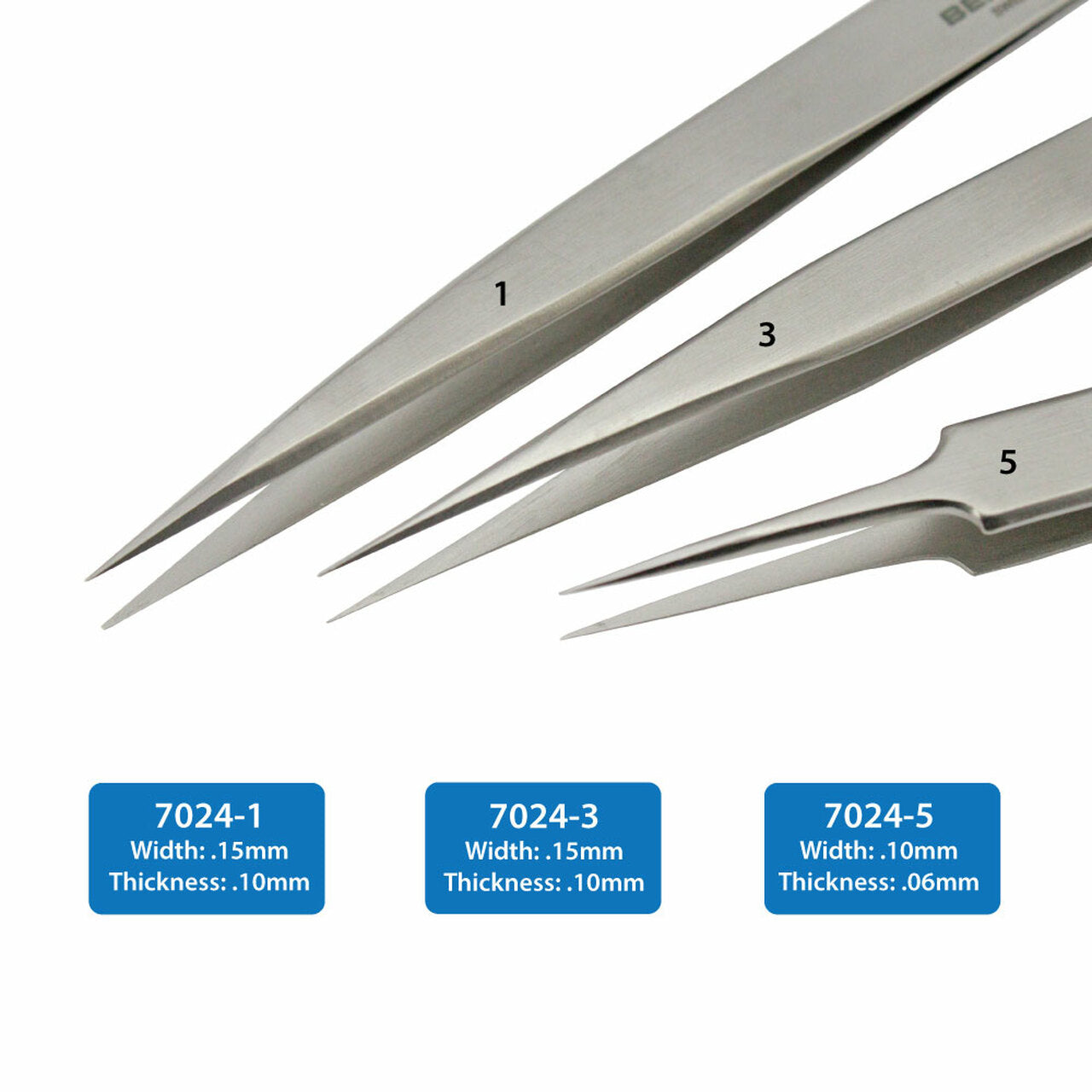 Bergeon 7024 precision non-magnetic tweezers set for delicate watch accessory handling and repair tasks.