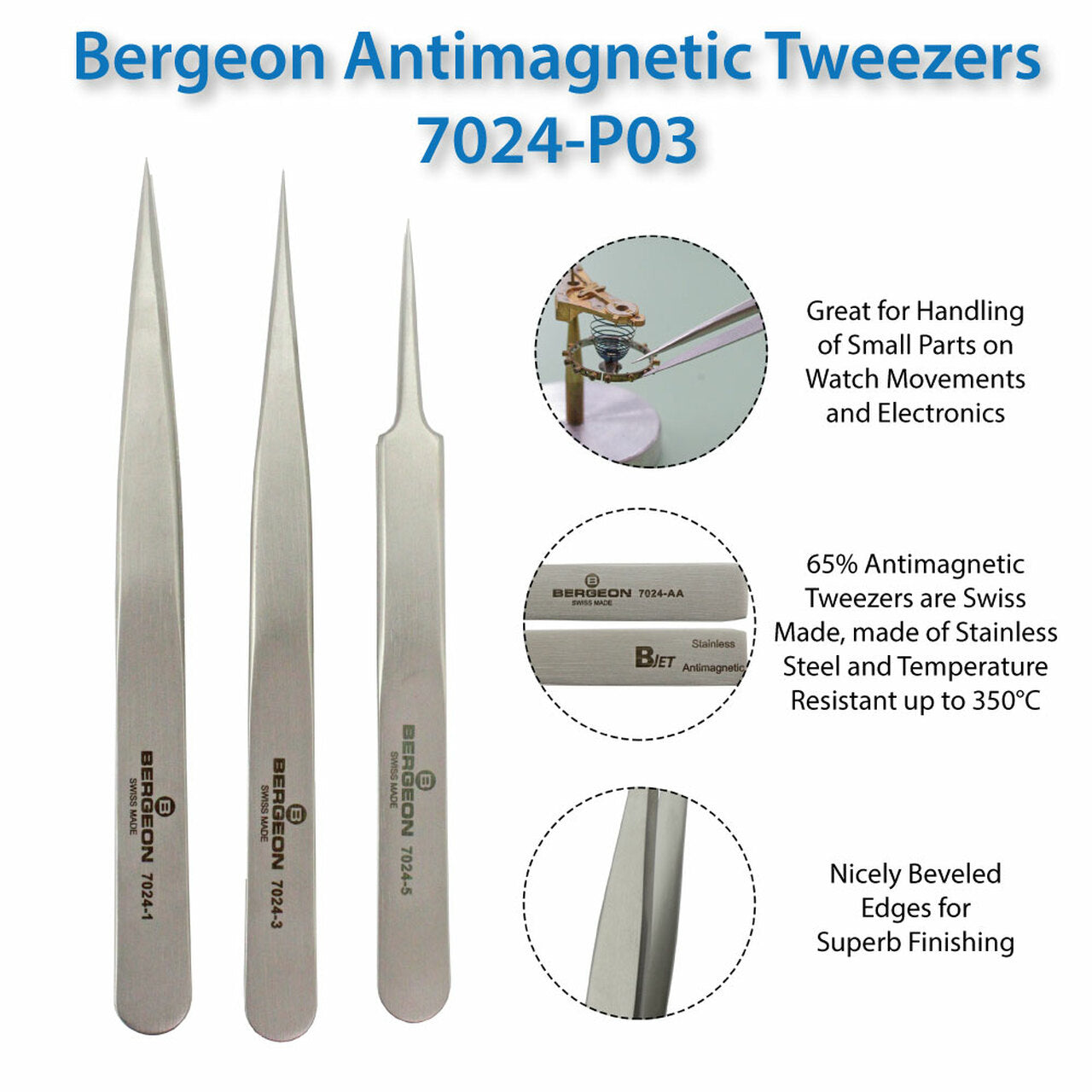 Bergeon 7024 precision non-magnetic tweezers set for delicate watch accessory handling and repair.