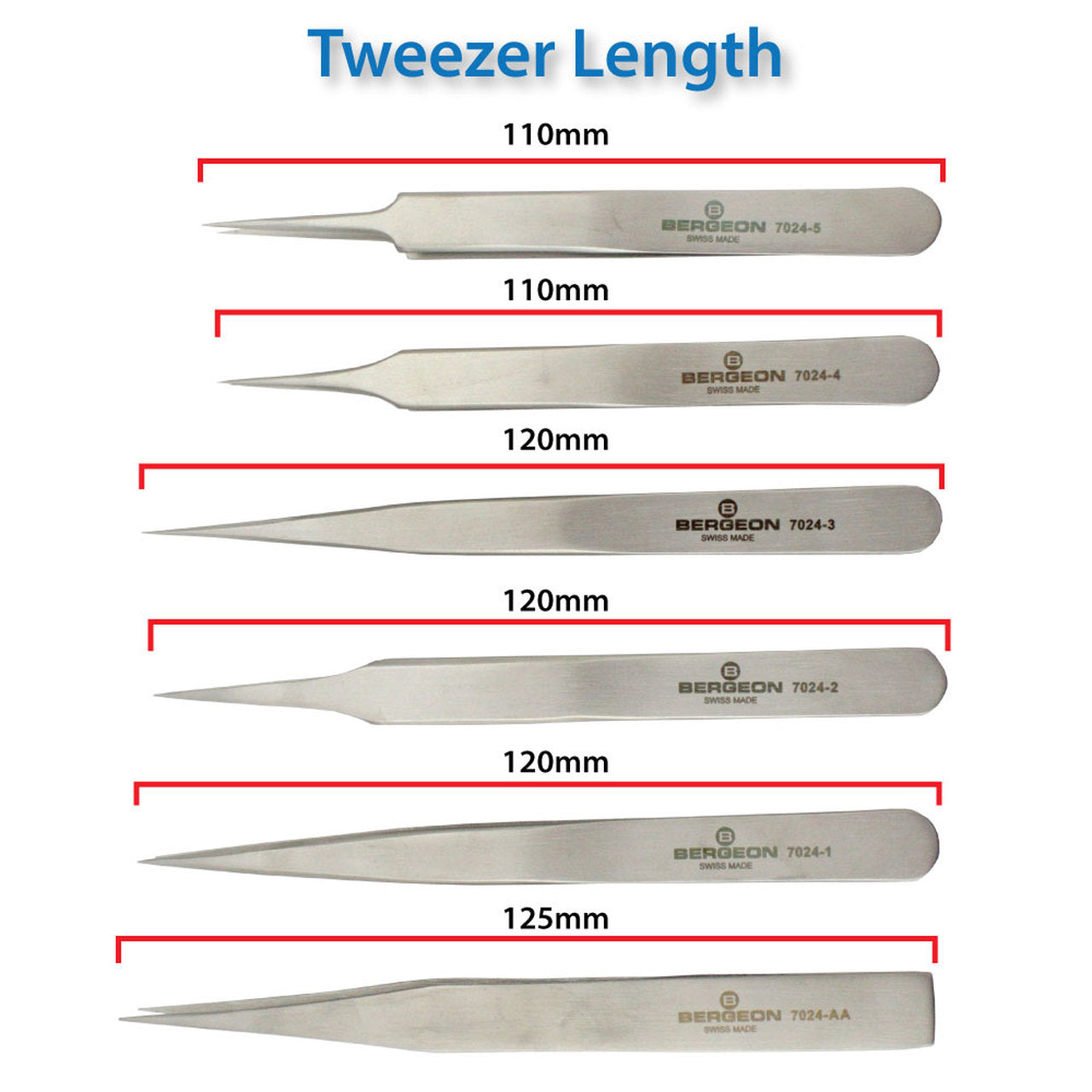 Bergeon 7024 set of 6 precision anti-magnetic tweezers for delicate watch repair tasks and accessories.