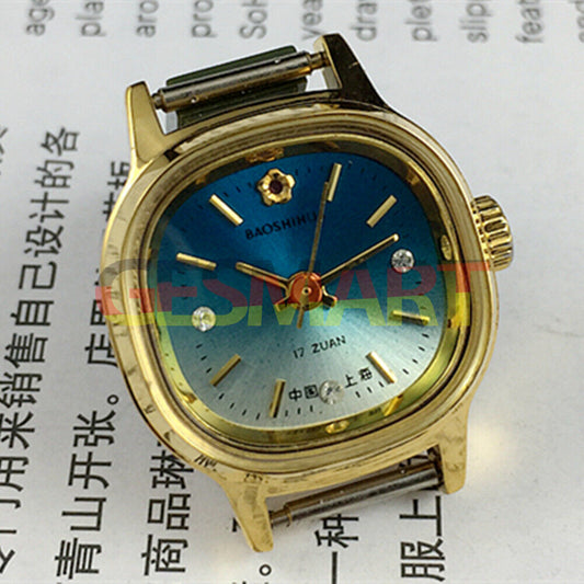 Manual mechanical lady watch with golden nail square case, gradient blue dial, and 3 hands.