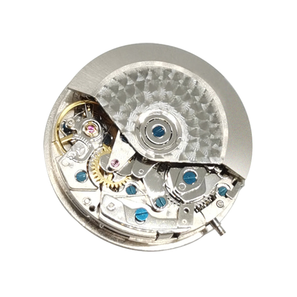 Close-up of Asian 7750 automatic chronograph movement showing detailed ETA 7753 configuration at 3, 6, and 9 o'clock positions.