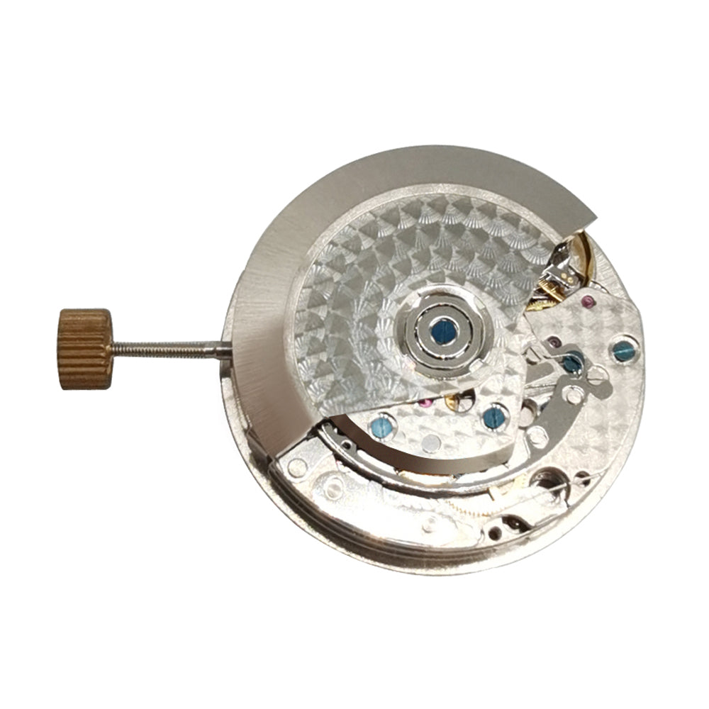 Asian 7750 chronograph watch movement by ETA with white dial, single calendar at 3, and sub-seconds at 9.