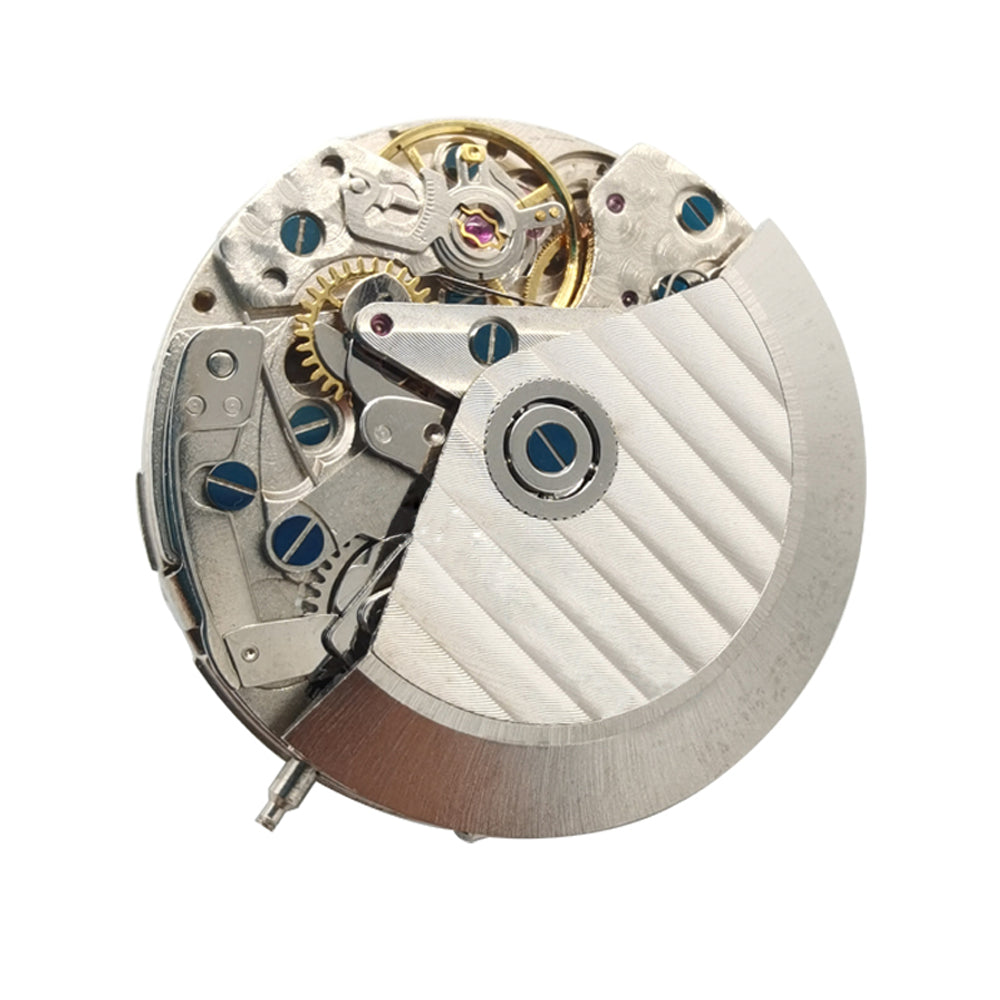 Close-up of Asian 7750 automatic chronograph watch movement displaying day and date at 3 o'clock.