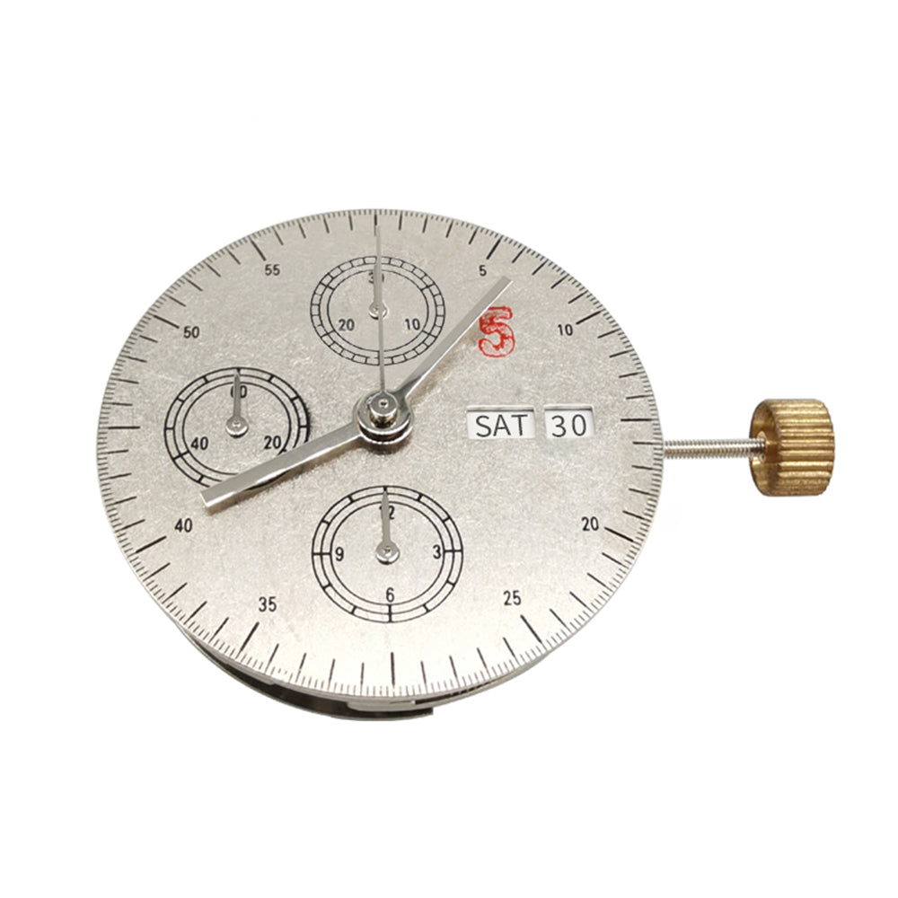ETA 7750 automatic chronograph movement with date, day, and small seconds at 9 o'clock, precision watch accessory.