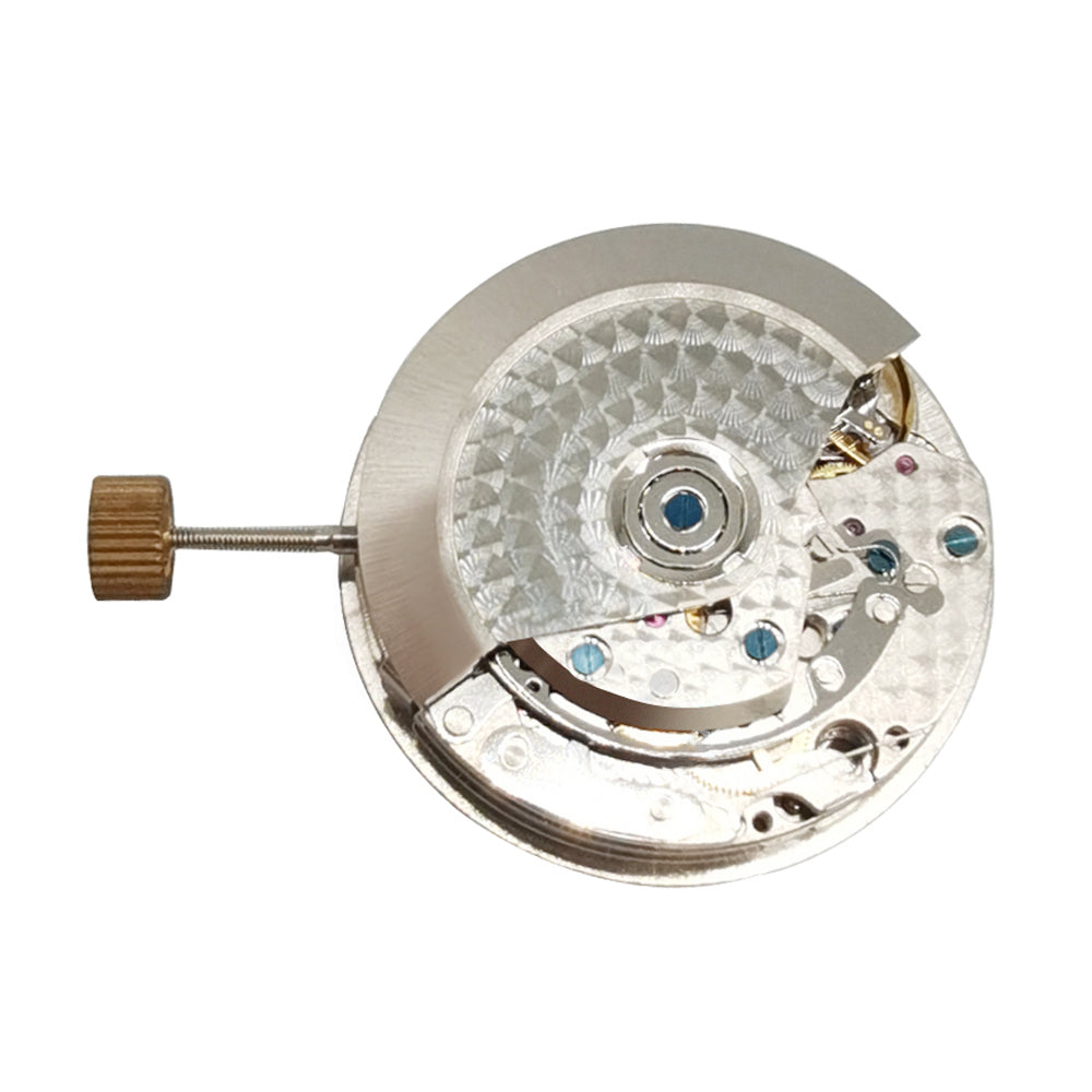 Asian 7750 automatic chronograph watch movement displaying date, day, and small seconds at 9 o?clock with ETA 7750 mechanism.