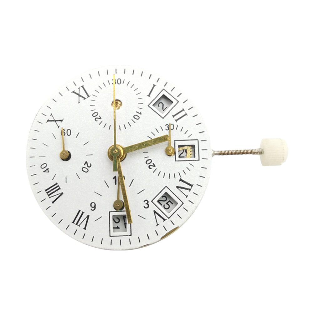 Asian 7750 Automatic Chronograph movement with white calendar at 4:30 and seconds subdial at 9, precision watch part.