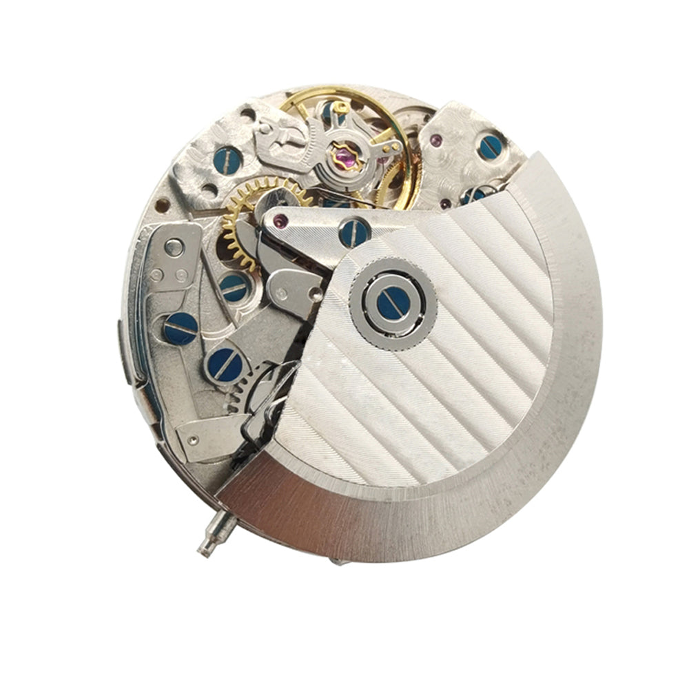 Asian 7750 automatic chronograph watch movement with black dial, calendar at 4:30, and seconds subdial at 9 by ETA.