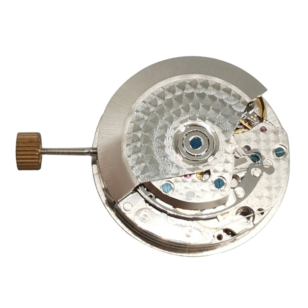 China Made 7750 chronograph watch movement with white dial, calendar at 6 o'clock, and seconds subdial at 9, ETA 7750 inspired.