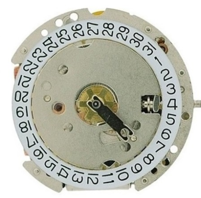 Ronda 775 quartz watch movement with date display at 3 o?clock and 6 o?clock positions.