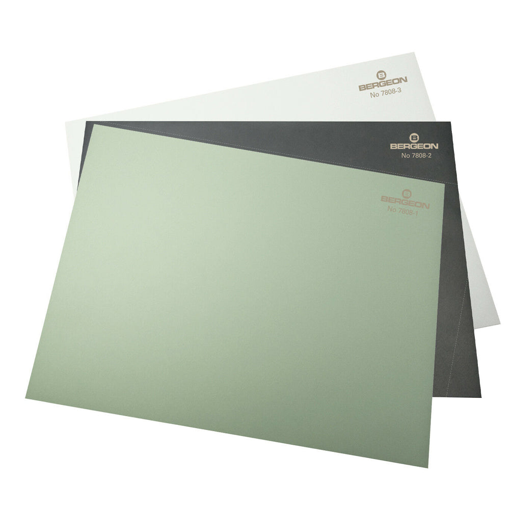 Bergeon 7808 black and green anti-skid bench mat for watch repair, 320x240x2mm, slip-resistant surface