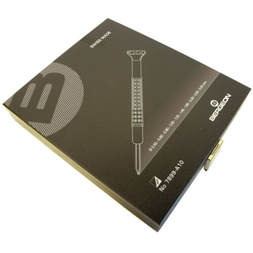 Bergeon 7899-A10 ergonomic watch screwdrivers set, sizes 0.50-3.00mm, wooden storage box.