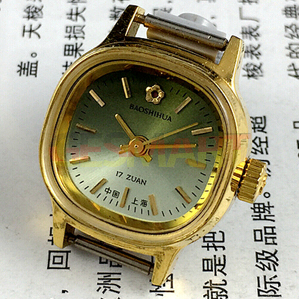 Shanghai Manuelle Mechanische Damenuhr Goldener Nagel 17 Juden Quadratisches Gehäuse Grünes Zifferblatt