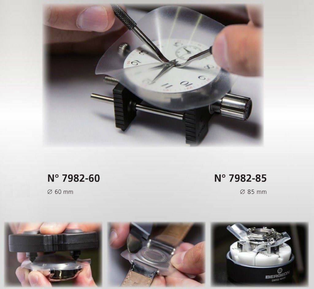 Bergeon 7982-85 vinyl sheets protecting watch dials during case opening, pack of 5 and 10 options.