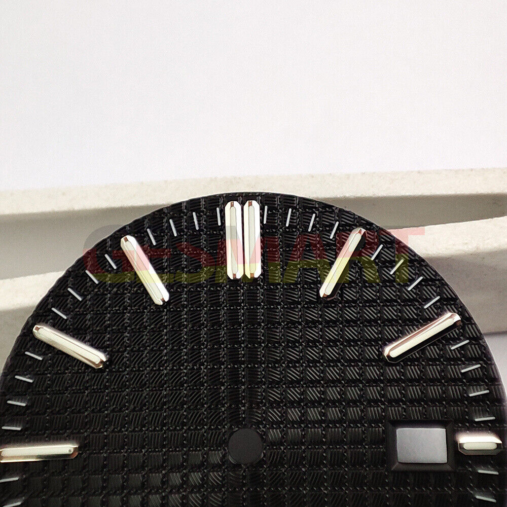 Green lume watch dial with silver trim and black check pattern, compatible with NH35 movement,.