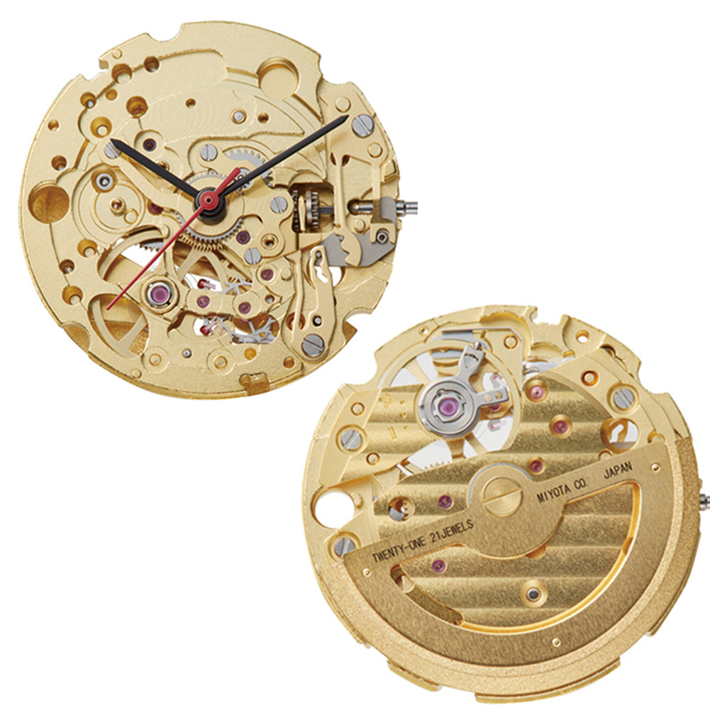 Miyota Citizen 82S0 golden plated automatic watch movement showcasing precise mechanical timekeeping.
