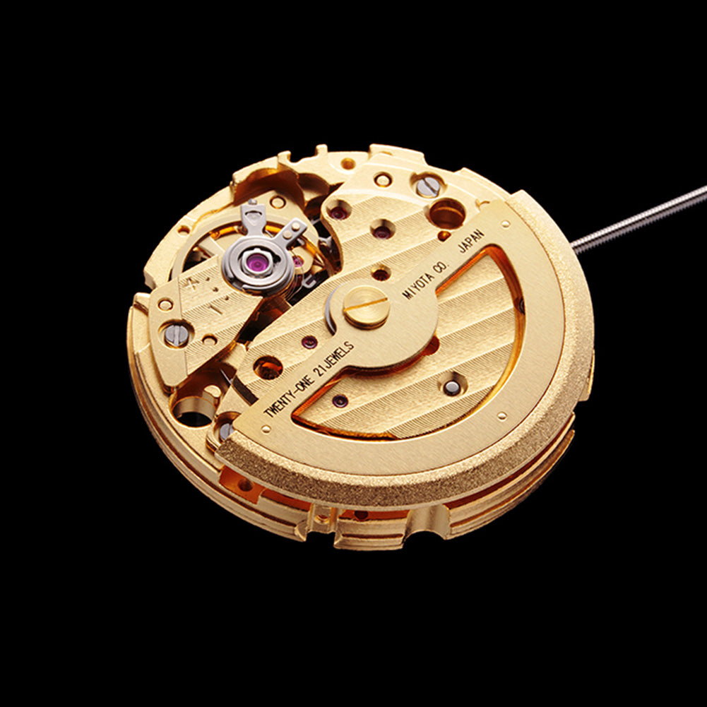 Miyota Citizen 82S7 golden plated automatic watch movement, precise mechanical core for luxury watches.